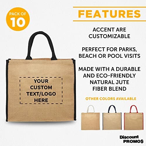 Eco-Friendly Fresno Jute Tote Bags - Set of 10, Personalized Black