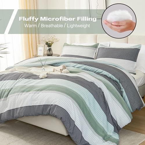 Litanika Queen Comforter Set - Sage Green, Light Green Stripe, All Season Bedding