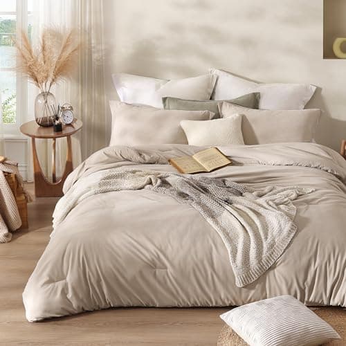 Boho Queen Comforter Set Beige, 3-Piece Modern Farmhouse Bedding Light & Fluffy