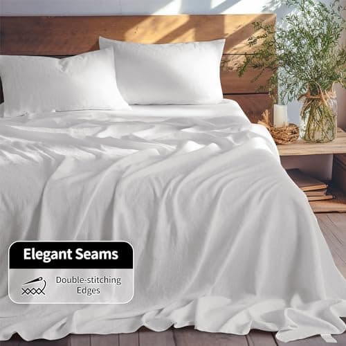 100% Linen King Size Bed Sheet Set - Solid White Color