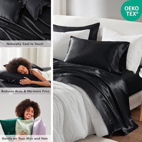 Madison Park Essentials Full Black Satin Sheet Set - Luxury, Elastic Fit up to 16" Mattresses