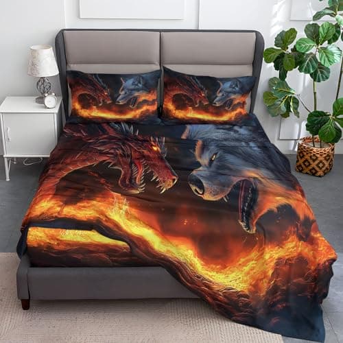 Abstract Flame Wolf & Dragon Black King Size Bed Sheets (1 Fitted, 1 Flat, 2 Pillowcases)
