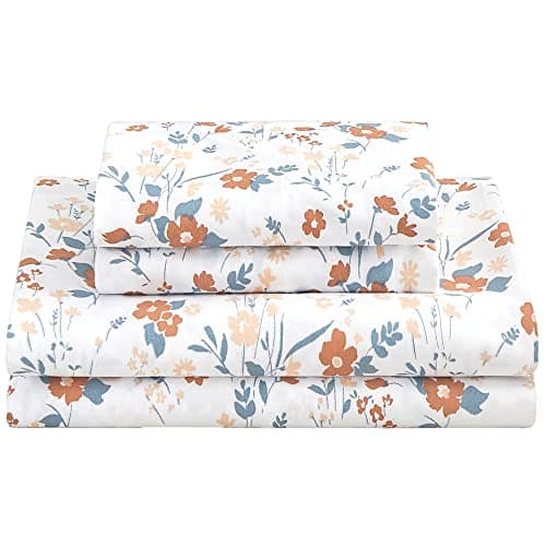 Vintage Flower Printed Full Size Bed Sheet Set with 15 Deep Pocket - 4 Piece Microfiber Patterned Sheet Set