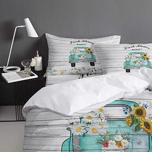 4-Piece Breathable Soft Duvet Cover Set Flower Market Retro Truck Daisies for Kids/Adults