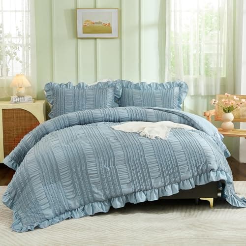 WONGS BEDDING Queen Shabby Chic Comforter Set 3 Pieces Ruffle SeersuckerTextures