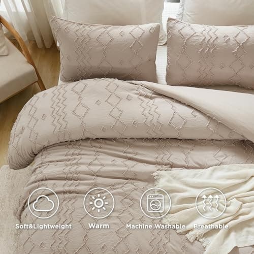 Andency Queen Boho Tufted Comforter Set, Khaki (90x90In Comforter & 2 Pillowcases)