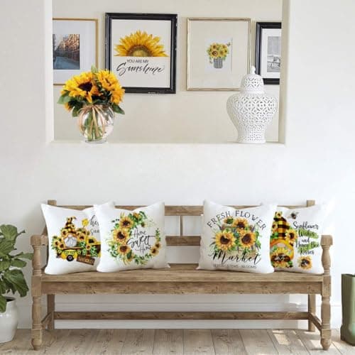 Rustic Sunflower Pillow Covers Set of 4 (Yellow-Hello Sunshine)