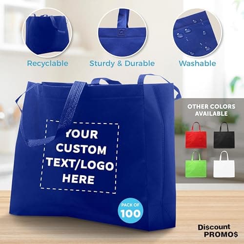Custom Blue Jumbo Tote Bags Set of 100 - Reusable Promo Shopping Bags