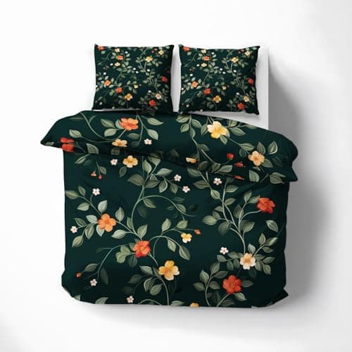 Oversized Queen Wildflower Duvet Cover & Shams, Green Quilt Set with Zipper