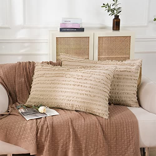 Cotton Tufted Pillowcases Set of 2 Linen Striped Jacquard Beige Standard Cover Pack