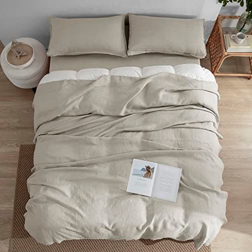 Everly Queen Size Linen Sheets Set, 4 Pieces Natural Bedding