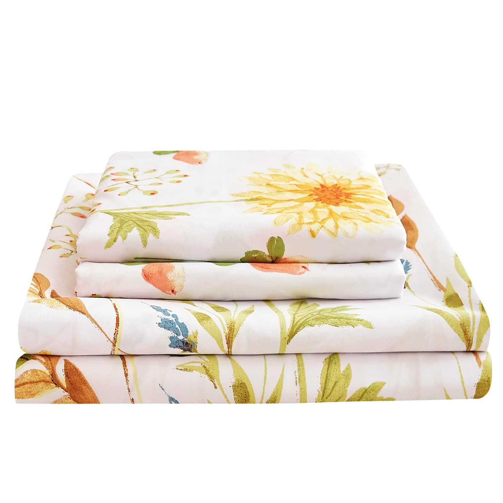 JSD Yellow Floral Printed Full Size 4 Piece Microfiber Sheet Set Extra Deep Pocket