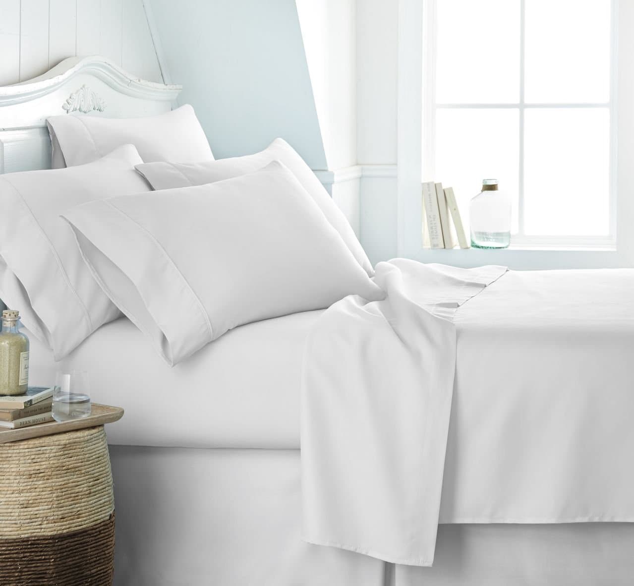 6 Piece White Linen Bed Sheet Set for King Size Bed
