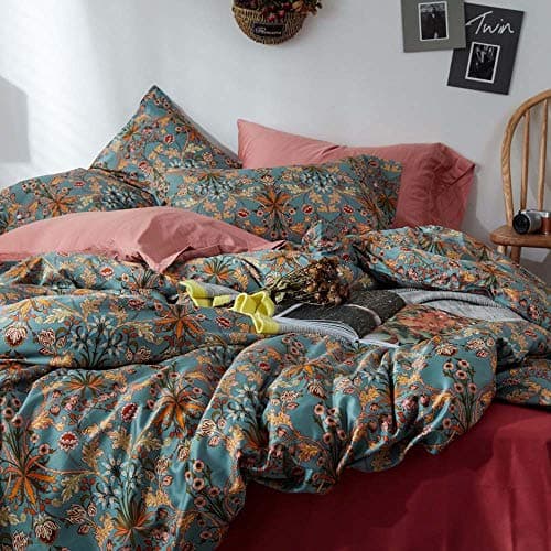VM VOGUEMARKET Gold Green Flower Percale cotton Duvet Cover with Zipper Closure