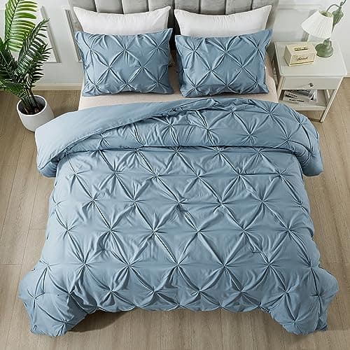 Andency White Queen Size Comforter Set, 3-Piece Cute Pinch Pleat bedding