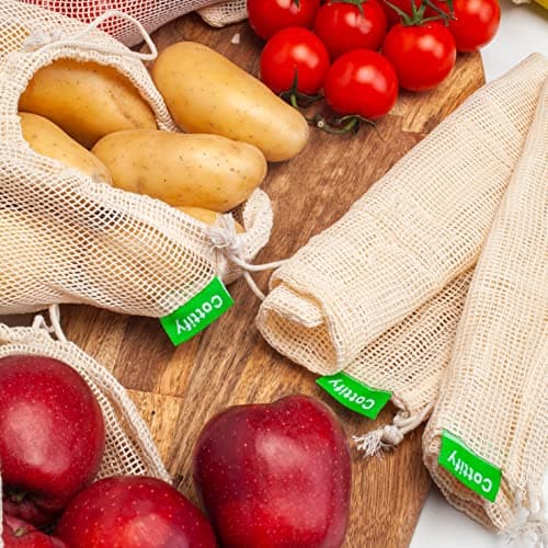 Reusable Organic Cotton Mesh Produce Bags, 12+1 Double-Stitched, Tare Weigh, 4 Sizes