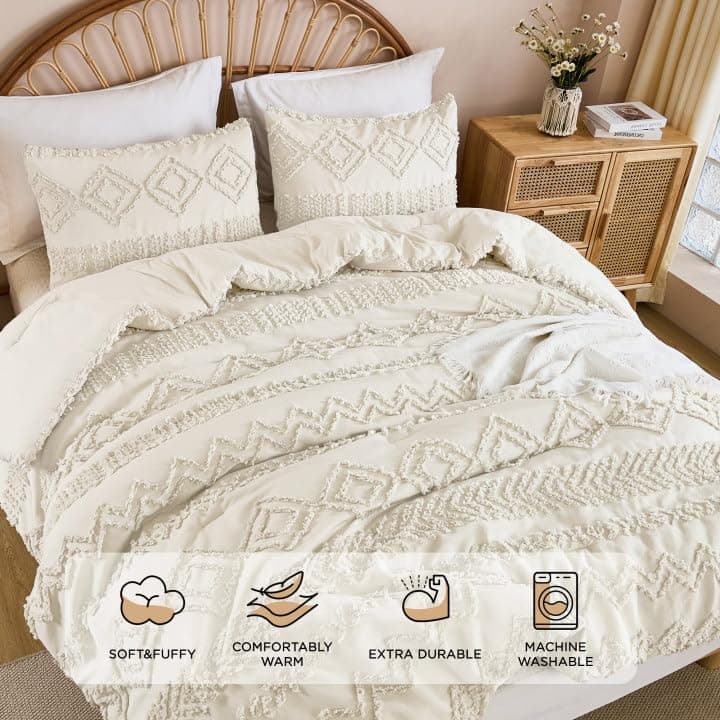 Andency Boho Beige Comforter Queen Set, Fluffy Warm Farmhouse Bedding