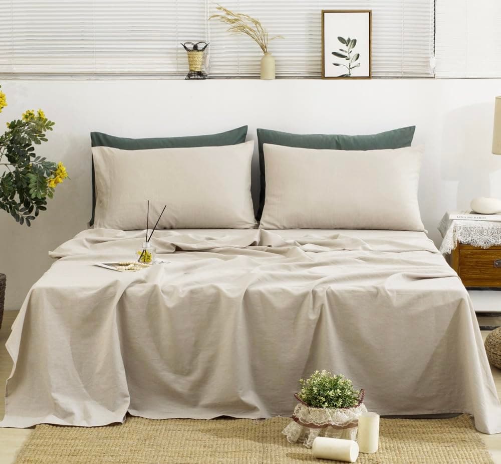 TUMEI 100% Natural Linen King Size Sheets Set - Soft & Durable 4PC Bedding