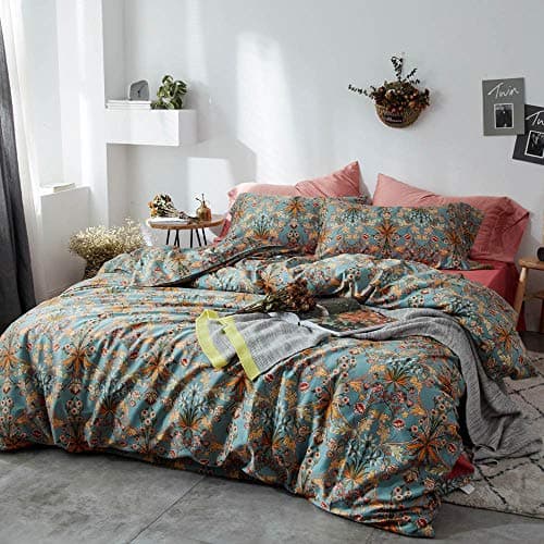 VM VOGUEMARKET Gold Green Flower Percale cotton Duvet Cover with Zipper Closure