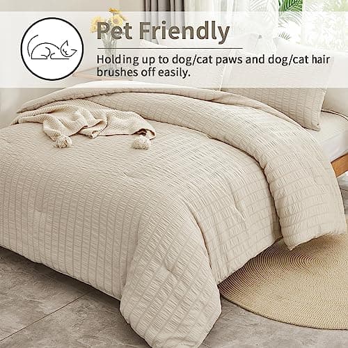 Beige Seersucker Queen Comforter Set - 3 Pieces, 100% Washed Microfiber, Lightweight Comforter with 2 Pillowcases