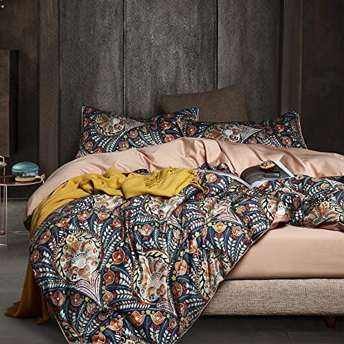 VM VOGUEMARKET Gold Green Flower Percale cotton Duvet Cover with Zipper Closure