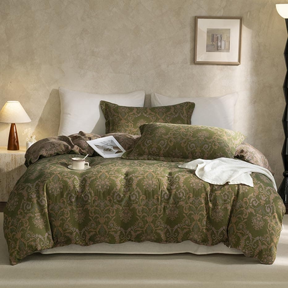 VM VOGUEMARKET Gold Green Flower Percale cotton Duvet Cover with Zipper Closure