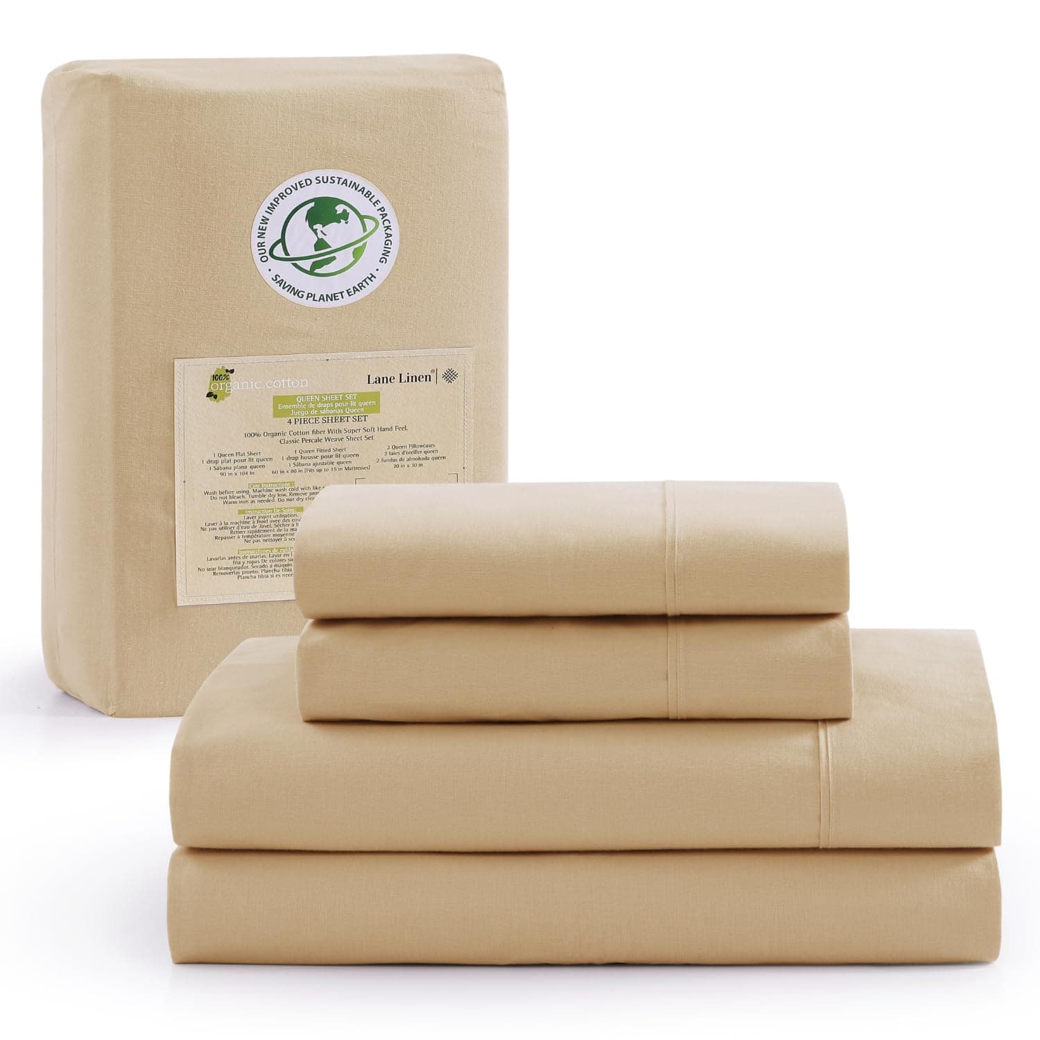 100% Organic Cotton Linen Full-Sheets Set 4-Piece Pure Long Staple Percale Weave Soft Bedding Sheets for Bed