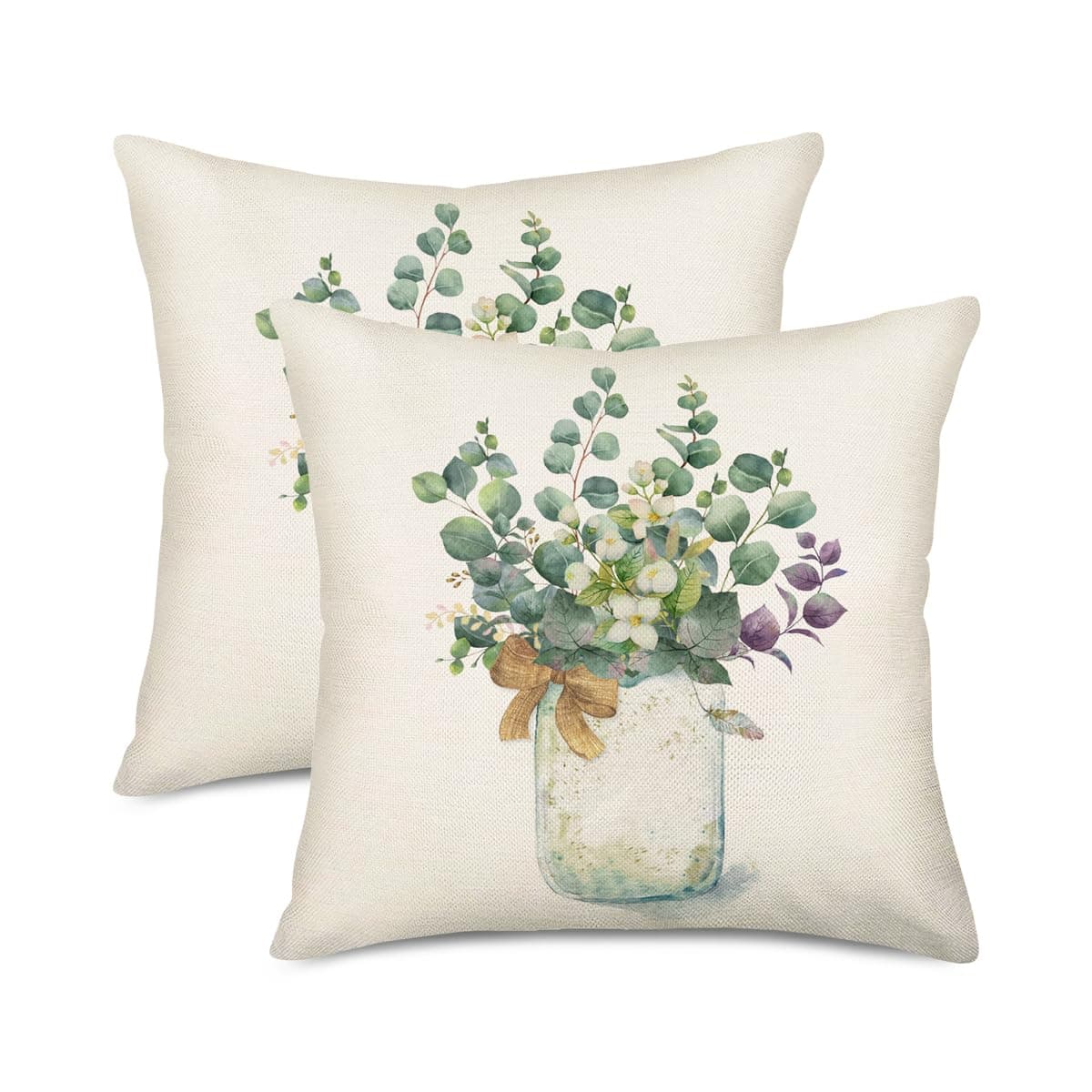 Set of 2 Eucalyptus Pillow Covers 22x22 Inch - Farmhouse Decorations