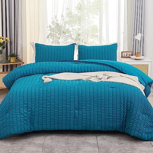 Beige Seersucker Queen Comforter Set - 3 Pieces, 100% Washed Microfiber, Lightweight Comforter with 2 Pillowcases