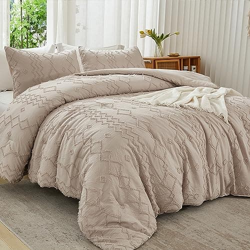 Andency Queen Boho Tufted Comforter Set, Khaki (90x90In Comforter & 2 Pillowcases)