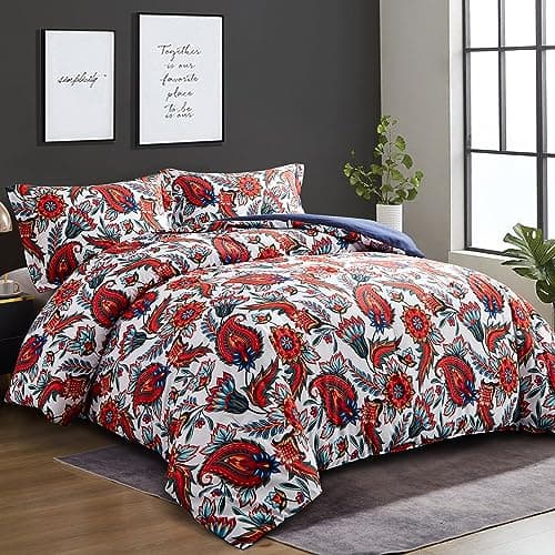 Ikawaapurry Queen Size Farmhouse Boho Comforter Set with Flowers Plants 3 Pcs Comforter 2 Pillow Shams