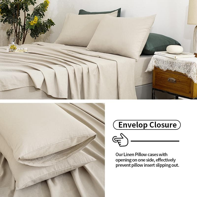 TUMEI 100% Natural Linen King Size Sheets Set - Soft & Durable 4PC Bedding