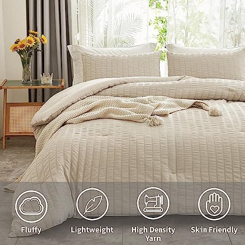 Beige Seersucker Queen Comforter Set - 3 Pieces, 100% Washed Microfiber, Lightweight Comforter with 2 Pillowcases