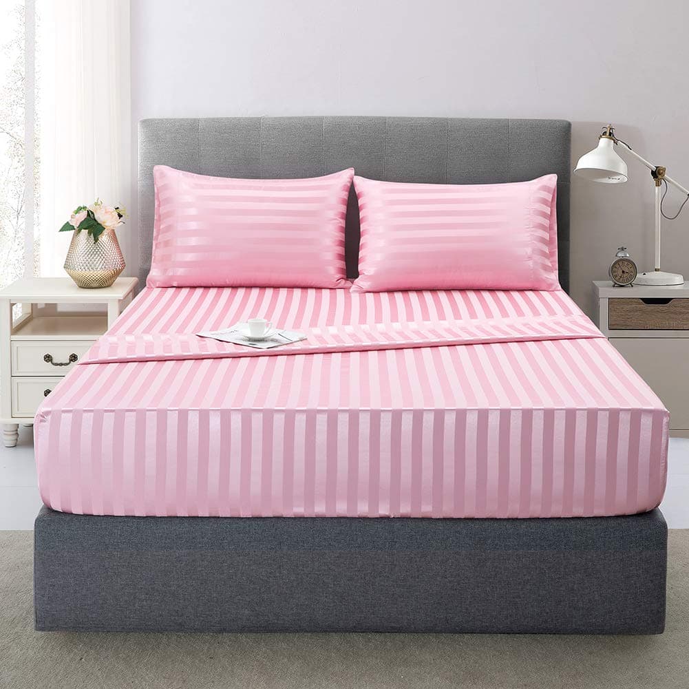 Soft Pink Silk Satin Sheets, Hypoallergenic Full Size Bedding Set, 4 Piece, Deep Pocket