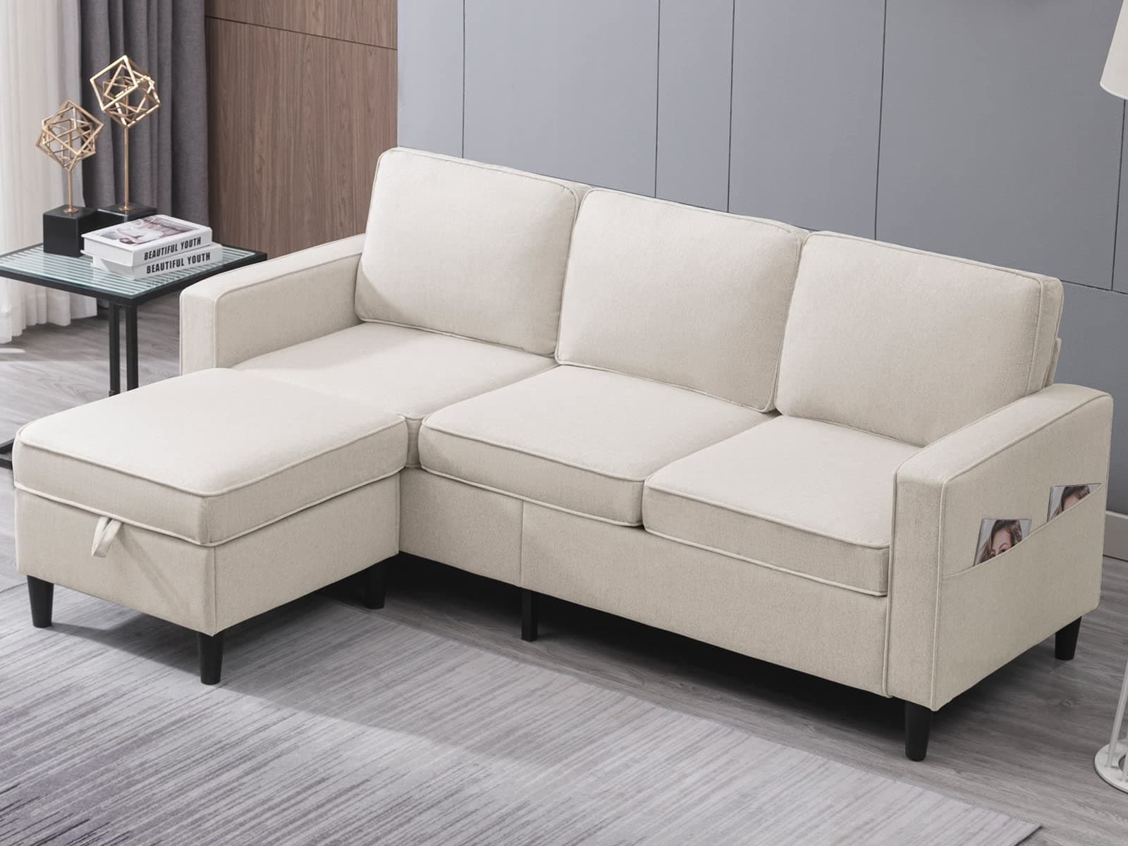 Convertible L-Shaped Linen Couch with Reversible Ottoman