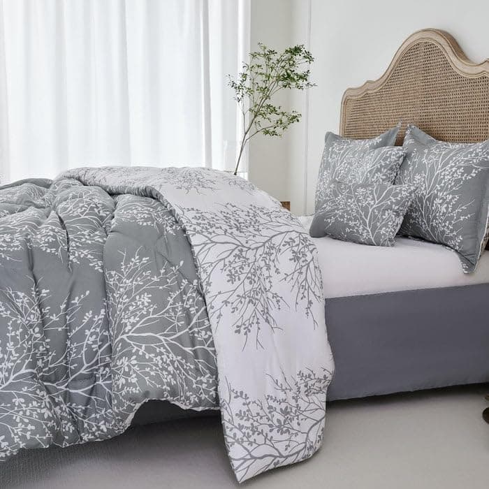 Spirit Linen 6pcs Queen Comforter Set - Cozy Microfiber with Foliage (Grey)