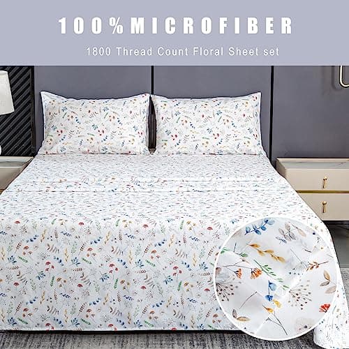 Ultra Soft Breathable Silky Flower Bed Sheets - 4 Piece Full Size White Floral