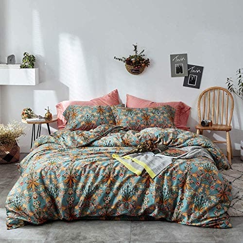 VM VOGUEMARKET Gold Green Flower Percale cotton Duvet Cover with Zipper Closure