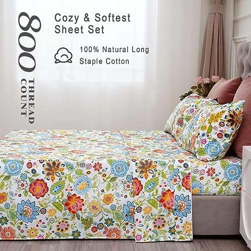 BedListes Floral 100% Egyptian Cotton Cooling Sheets - 800 Thread Count Queen (16 Deep Pocket)