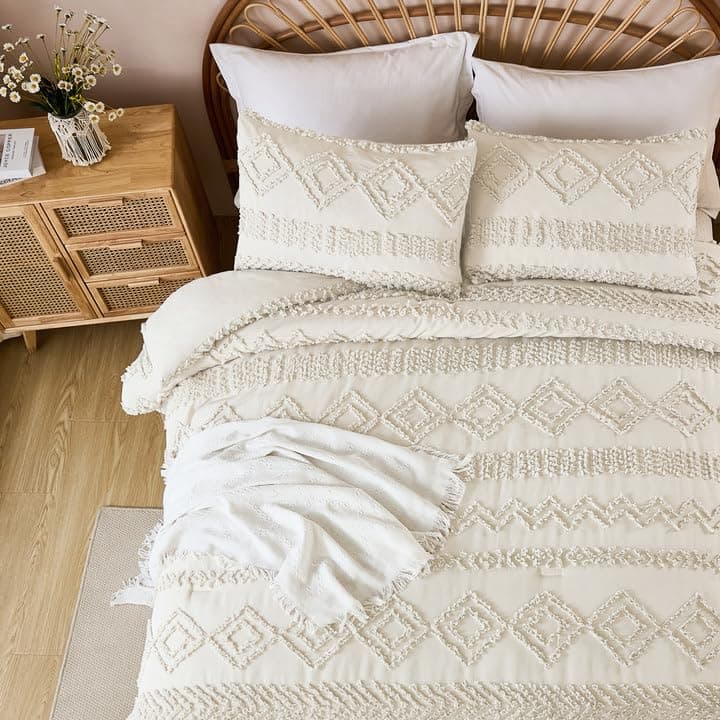 Andency Boho Beige Comforter Queen Set, Fluffy Warm Farmhouse Bedding
