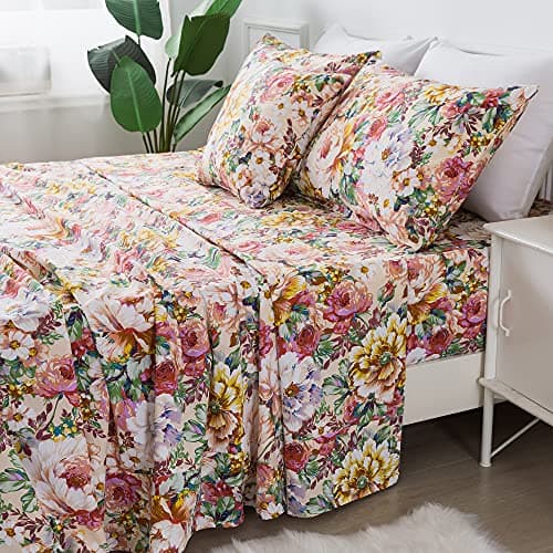 Queen Percale Cotton Sheets Set, Luxury Vintage Roses Floral, Deep Pocket Fitted, Super Soft & Breathable, 4pcs