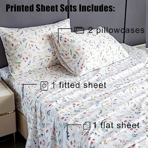 Ultra Soft Breathable Silky Flower Bed Sheets - 4 Piece Full Size White Floral