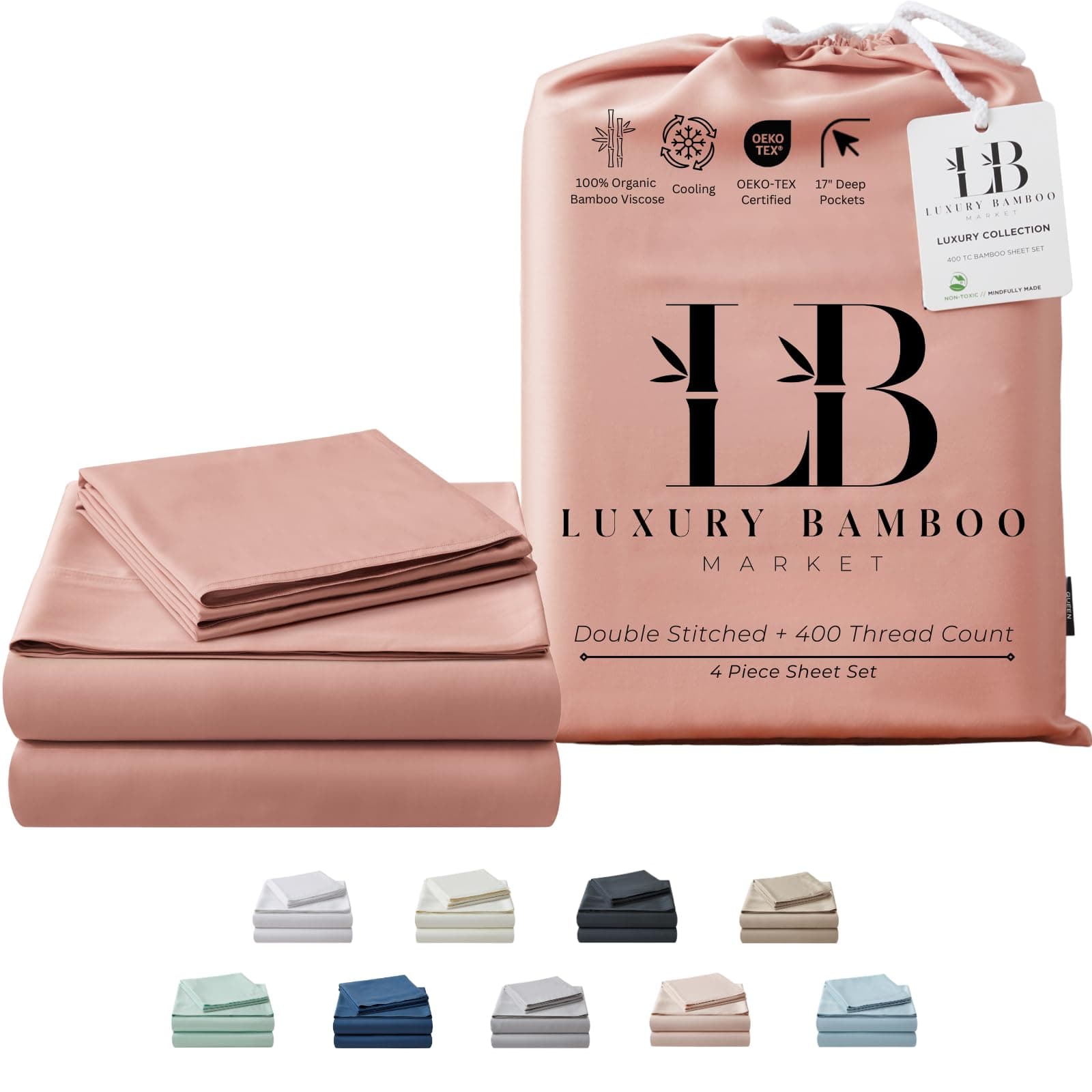 Luxury King Size Bamboo Bed Sheets | 100% Viscose, Ultra Soft, Cooling for Hot Sleepers [Rose Quartz]
