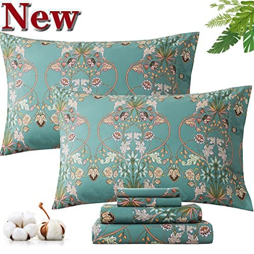 Queen Percale Cotton Sheets Set, Luxury Vintage Roses Floral, Deep Pocket Fitted, Super Soft & Breathable, 4pcs