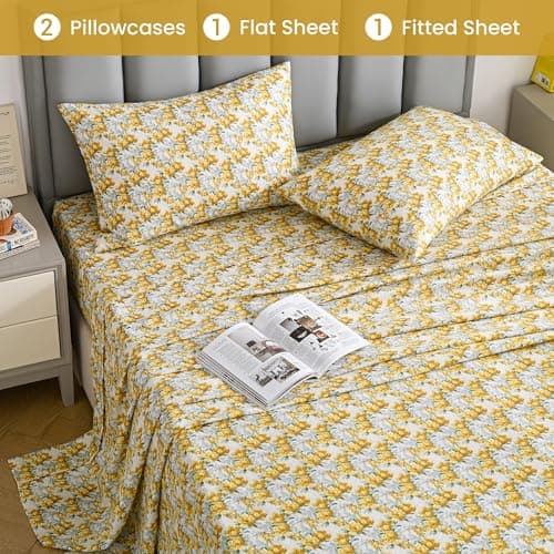 Soft Microfiber Floral Sheet Set - Yellow & Green Flowers, 4-Piece Summer Cooling Bedding
