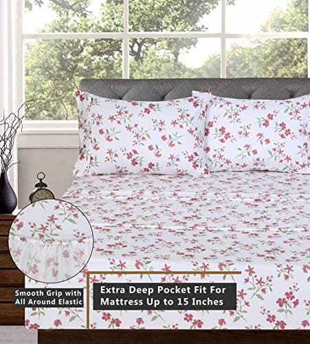 Full Size Brushed Microfiber Sheets Set with Deep Pockets - Pink Memories