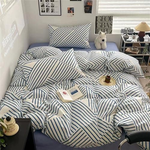 VM VOUGEMARKET Queen Blue Striped Duvet Cover & Pillowcases Set