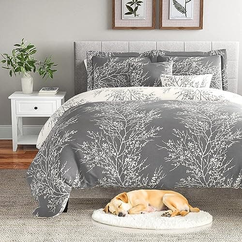 Spirit Linen 6pcs Queen Comforter Set - Cozy Microfiber with Foliage (Grey)