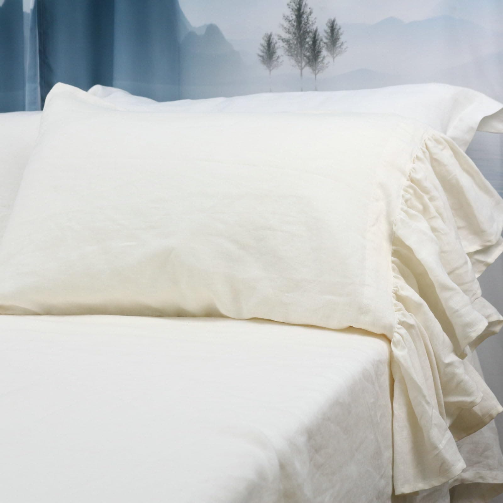 Shabby Chic Ivory Queen Size Linen Pillowcase, Ruffles Closure (1 PCS)