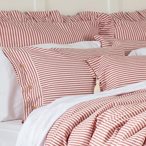 Red & Off-White Farmhouse Ticking Stripe King Duvet Cover, Soft & Comfortable